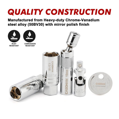 10PCS Magnetic Spark Plug Socket Set – 3/8" Drive CR-V Steel Automotive Tool Kit with Extension Bar