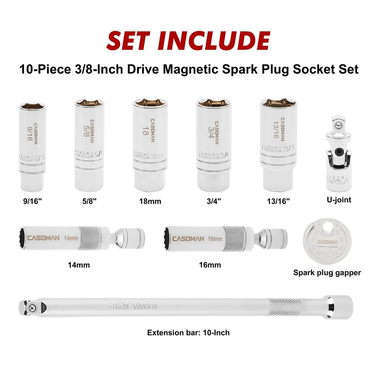10PCS Magnetic Spark Plug Socket Set – 3/8" Drive CR-V Steel Automotive Tool Kit with Extension Bar