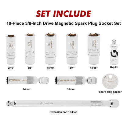 10PCS Magnetic Spark Plug Socket Set – 3/8" Drive CR-V Steel Automotive Tool Kit with Extension Bar