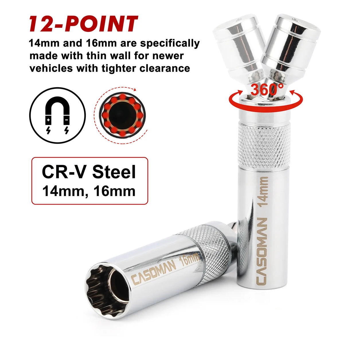 10PCS Magnetic Spark Plug Socket Set – 3/8" Drive CR-V Steel Automotive Tool Kit with Extension Bar