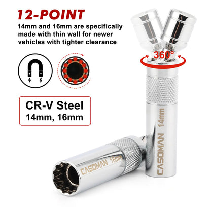 10PCS Magnetic Spark Plug Socket Set – 3/8" Drive CR-V Steel Automotive Tool Kit with Extension Bar